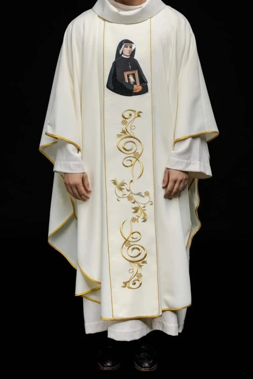 Ecru Chasuble with image of Saint Faustina — full view