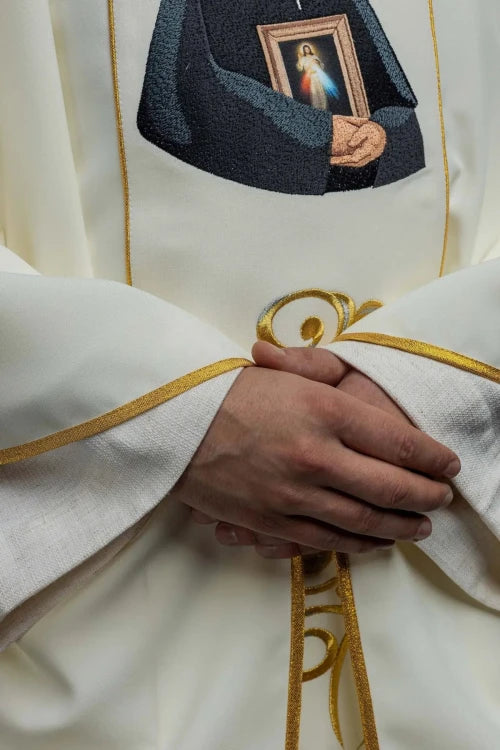 Ecru Chasuble with image of Saint Faustina — close-up detail