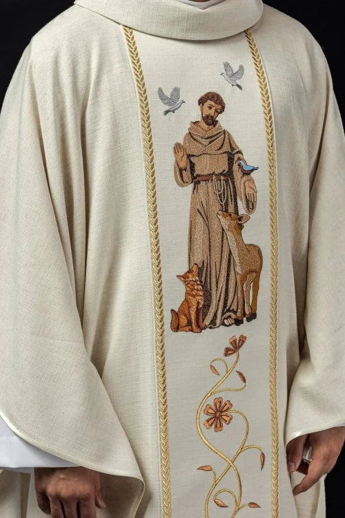 Ecru Chasuble with image of Saint Francis — front view