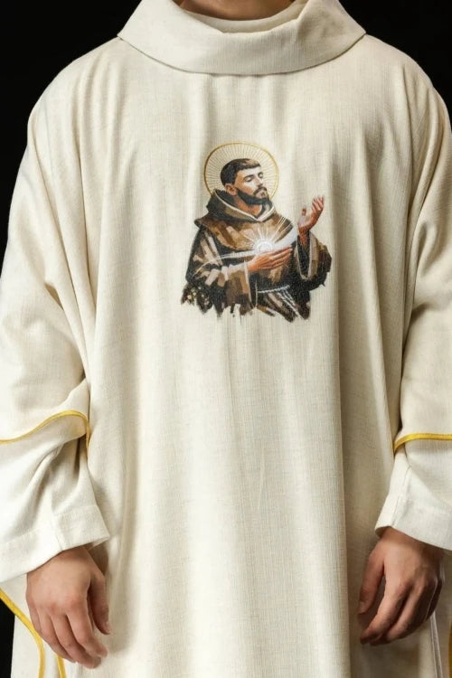 Ecru Chasuble with image of Saint Francis — front view