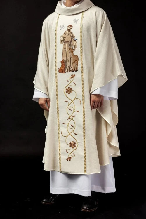 Ecru Chasuble with image of Saint Francis — full view