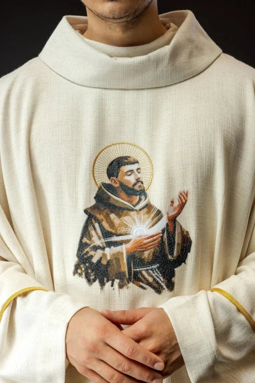 Ecru Chasuble with image of Saint Francis — full view