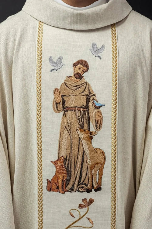 Ecru Chasuble with image of Saint Francis — decoration detail