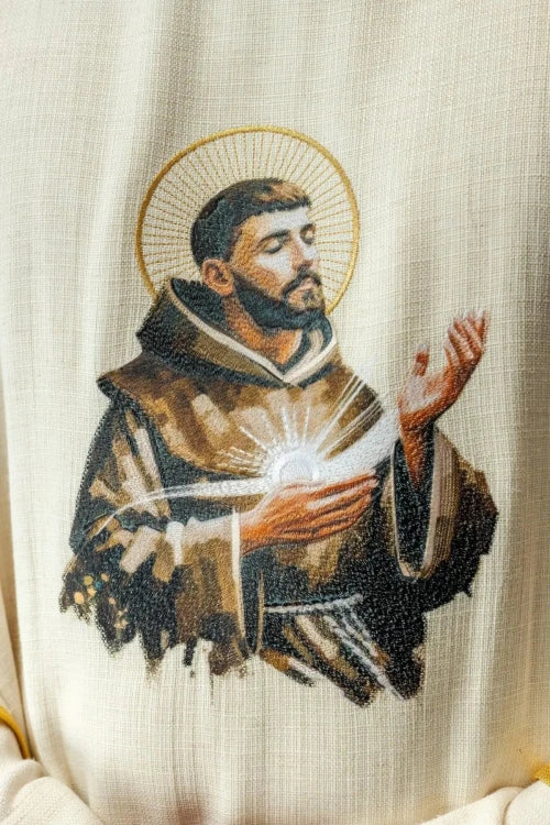 Ecru Chasuble with image of Saint Francis — decoration detail