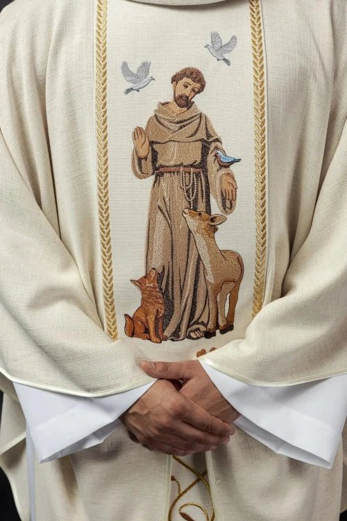 Ecru Chasuble with image of Saint Francis — back view