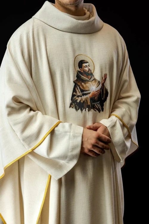 Ecru Chasuble with image of Saint Francis — back view