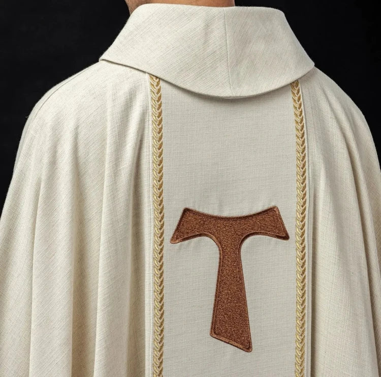 Ecru Chasuble with image of Saint Francis — close-up detail