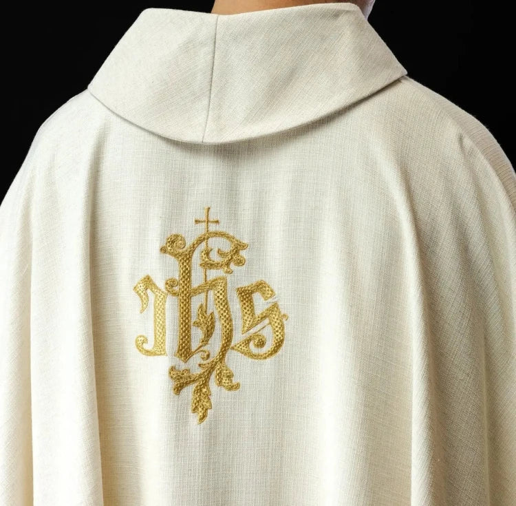 Ecru Chasuble with image of Saint Francis — close-up detail