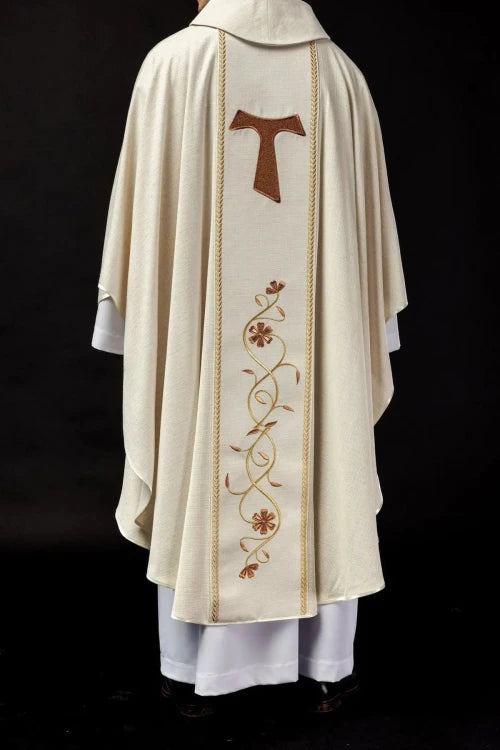 Ecru Chasuble with image of Saint Francis — side view