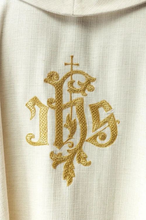 Ecru Chasuble with image of Saint Francis — side view
