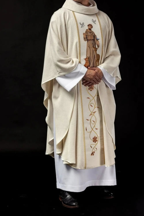 Ecru Chasuble with image of Saint Francis — collar detail
