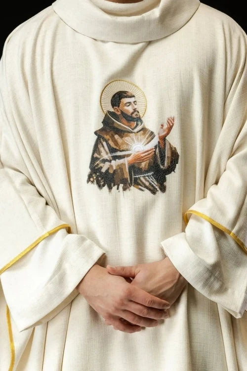 Ecru Chasuble with image of Saint Francis — vestment detail