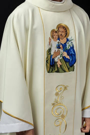 Ecru Chasuble with image of Saint Joseph — front view