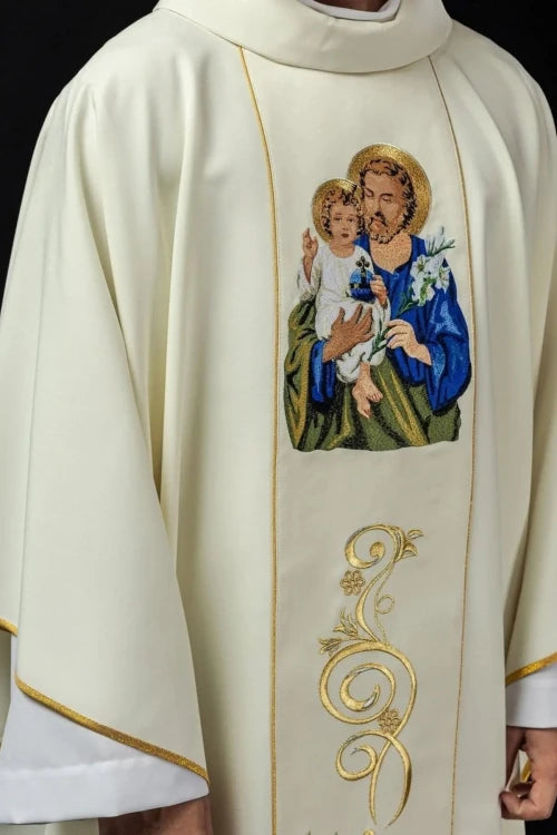Ecru Chasuble with image of Saint Joseph — front view