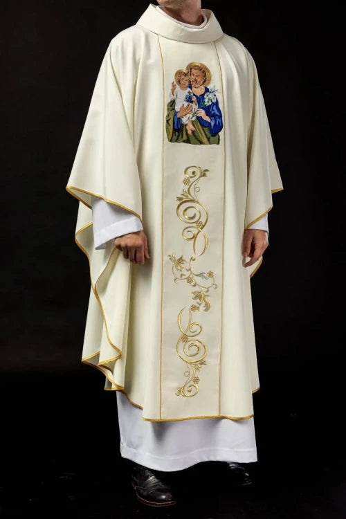 Ecru Chasuble with image of Saint Joseph — full view