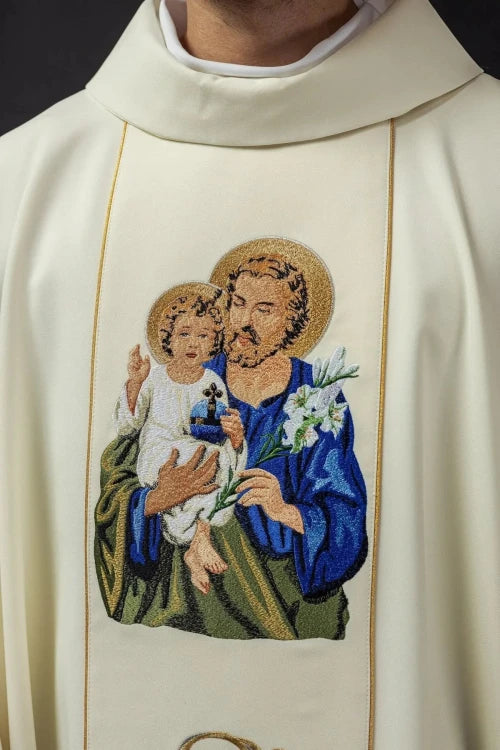 Ecru Chasuble with image of Saint Joseph — decoration detail