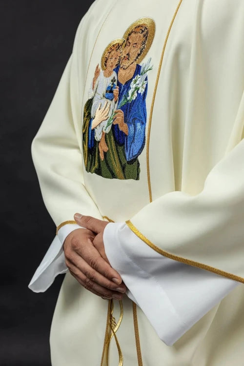 Ecru Chasuble with image of Saint Joseph — back view