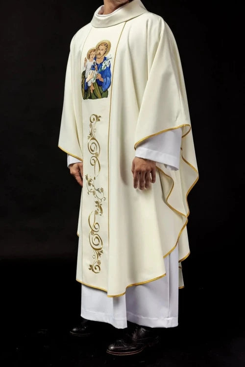Ecru Chasuble with image of Saint Joseph — collar detail