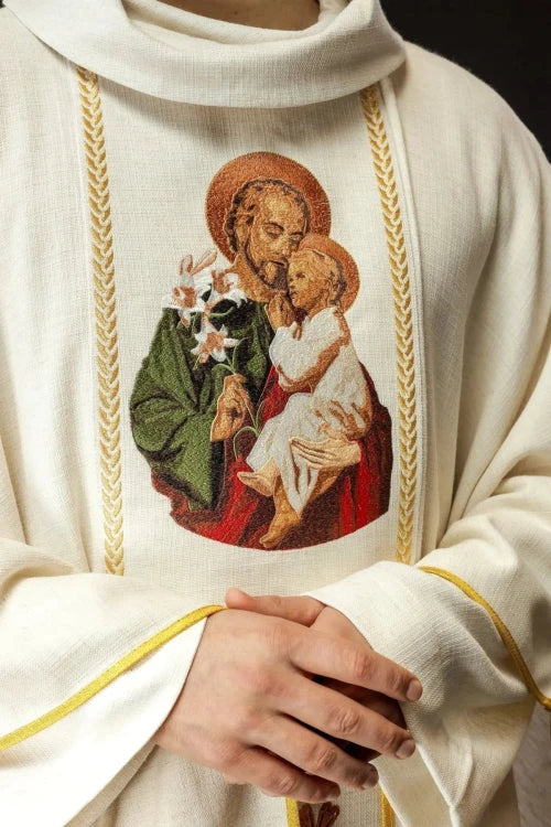 Ecru Chasuble with image of Saint Joseph – Variant II — close-up detail