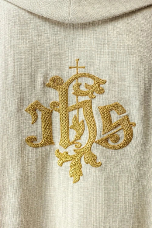 Ecru Chasuble with image of Saint Joseph – Variant II — collar detail