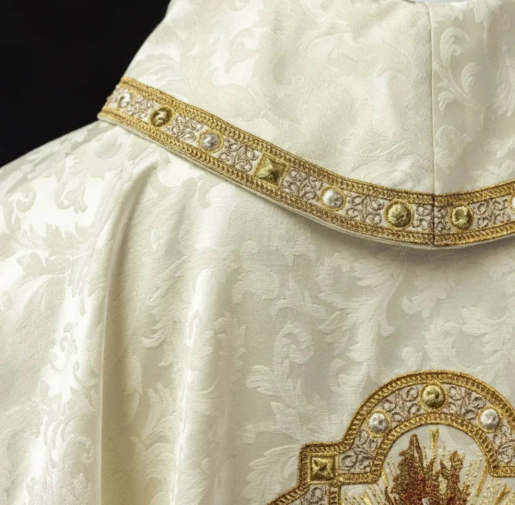 Ecru Chasuble with image of the Immaculate Heart of Mary — side view