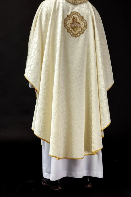 Ecru Chasuble with image of the Immaculate Heart of Mary — fabric detail