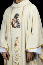 Ecru Chasuble with images of Jesus the Good Shepherd, IHS and the Lamb of God — front view