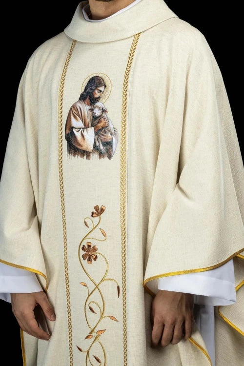 Ecru Chasuble with images of Jesus the Good Shepherd, IHS and the Lamb of God — front view