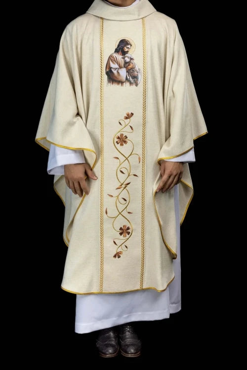 Ecru Chasuble with images of Jesus the Good Shepherd, IHS and the Lamb of God — full view
