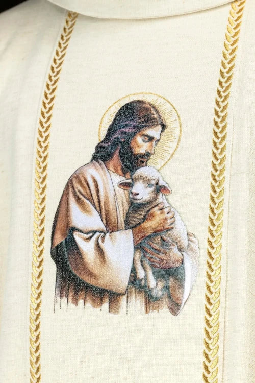 Ecru Chasuble with images of Jesus the Good Shepherd, IHS and the Lamb of God — decoration detail