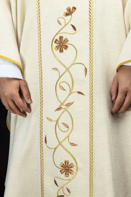 Ecru Chasuble with images of Jesus the Good Shepherd, IHS and the Lamb of God — back view