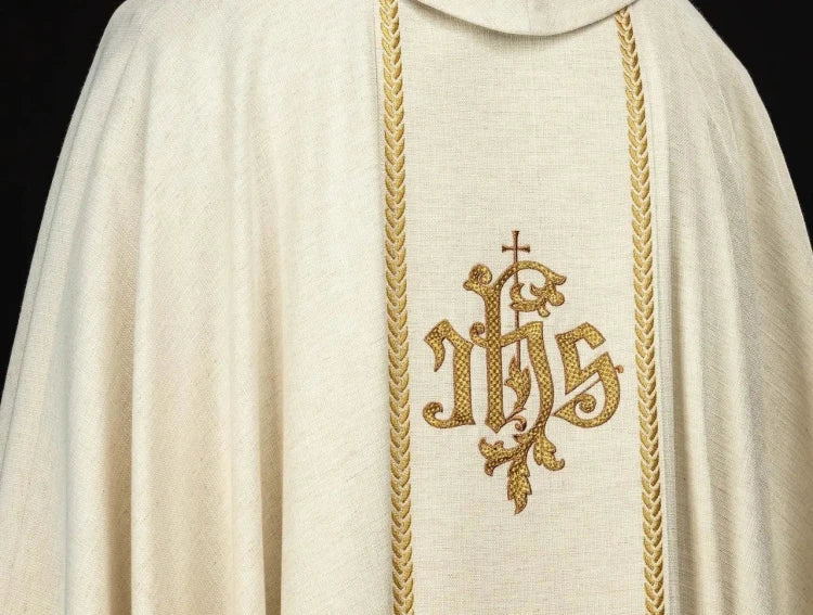 Ecru Chasuble with images of Jesus the Good Shepherd, IHS and the Lamb of God — side view