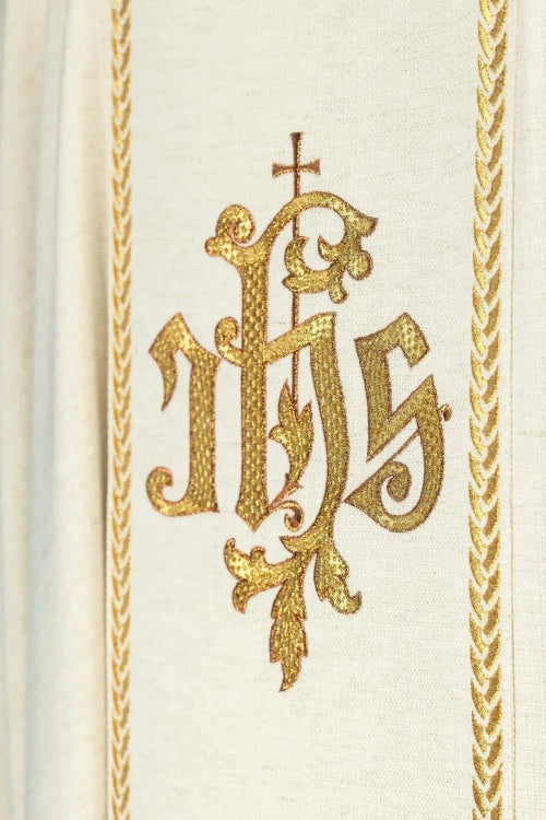 Ecru Chasuble with images of Jesus the Good Shepherd, IHS and the Lamb of God — collar detail