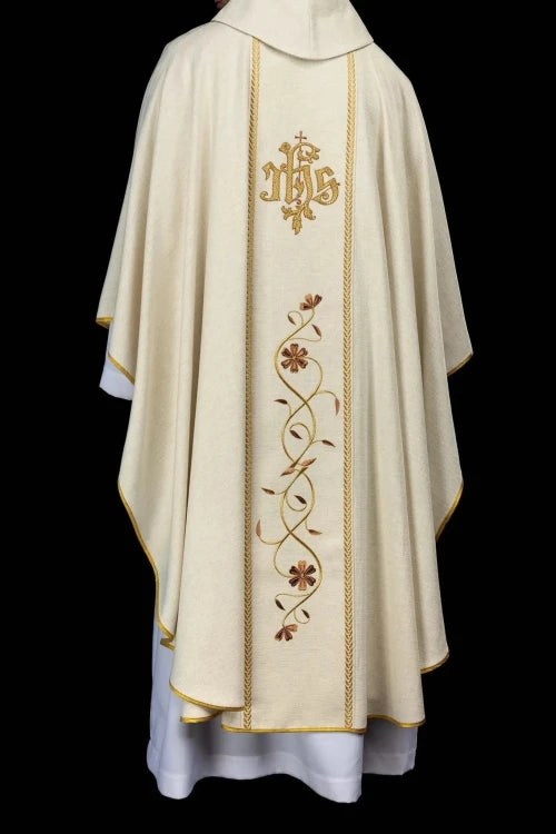 Ecru Chasuble with images of Jesus the Good Shepherd, IHS and the Lamb of God — fabric detail