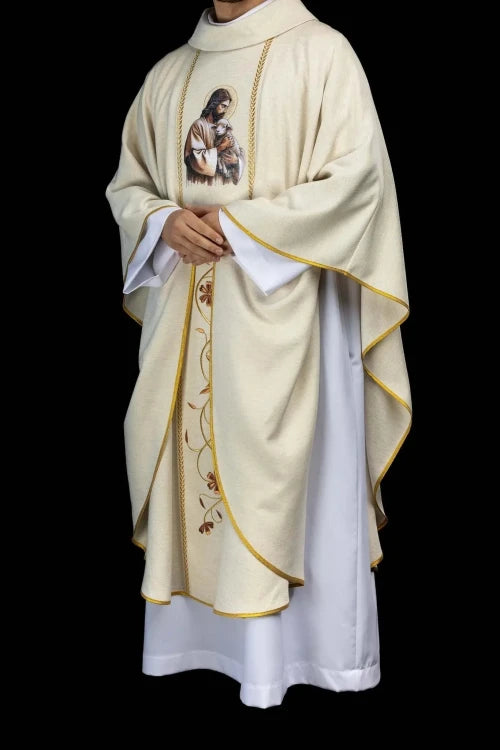Ecru Chasuble with images of Jesus the Good Shepherd, IHS and the Lamb of God — vestment detail