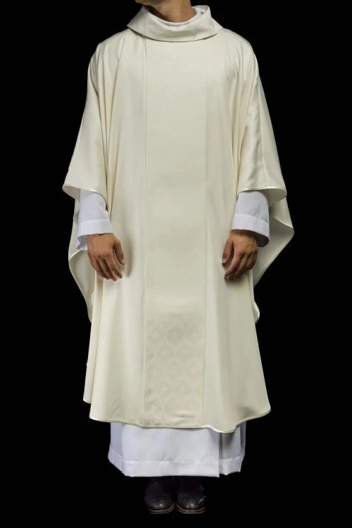 Ecru Chasuble with jacquard band with cross pattern — full view