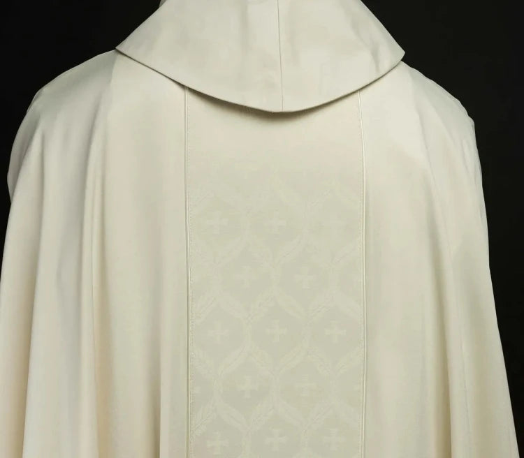 Ecru Chasuble with jacquard band with cross pattern — side view