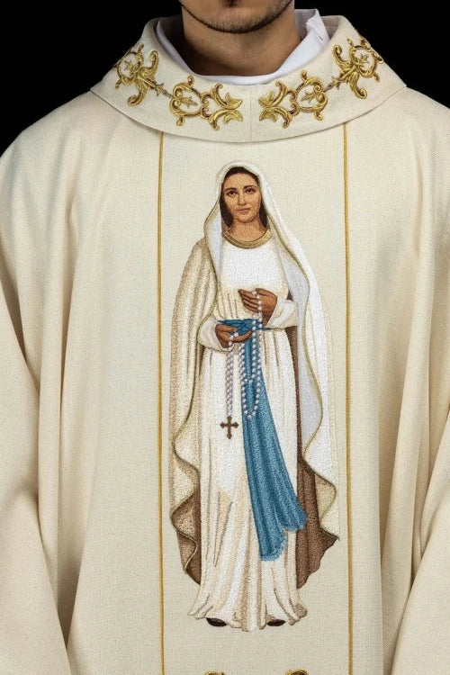 Ecru Chasuble with Marian embroidery — front view