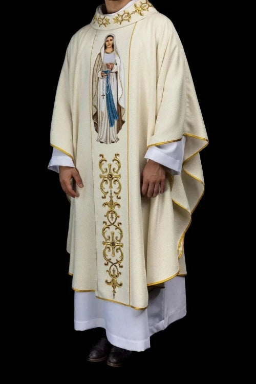 Ecru Chasuble with Marian embroidery — full view