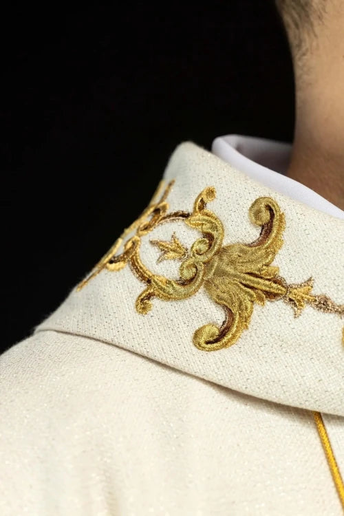 Ecru Chasuble with Marian embroidery — side view