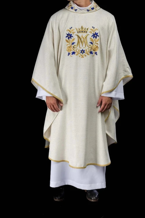 Ecru Chasuble with Marian embroidery – Variant IV — full view