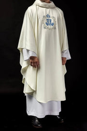 Ecru Chasuble with Marian embroidery – Variant V — front view
