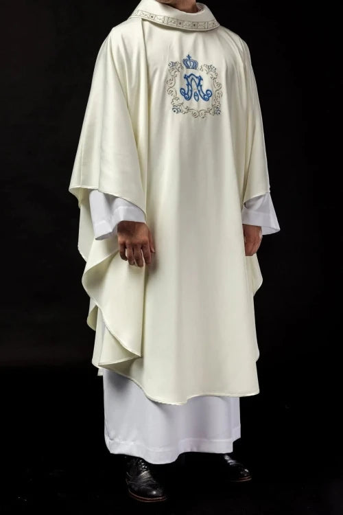 Ecru Chasuble with Marian embroidery – Variant V — front view