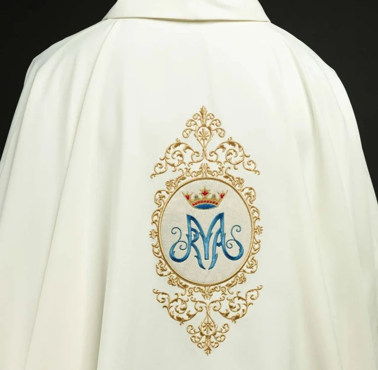 Ecru Chasuble with Marian motif and gold embroidery — side view