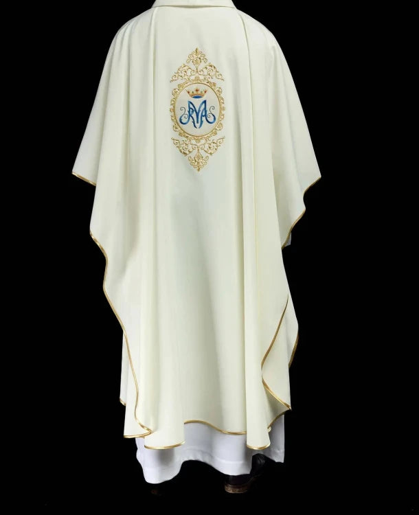 Ecru Chasuble with Marian motif and gold embroidery — collar detail