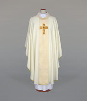 Ecru Chasuble with modern embroidery and decorative stones — front view