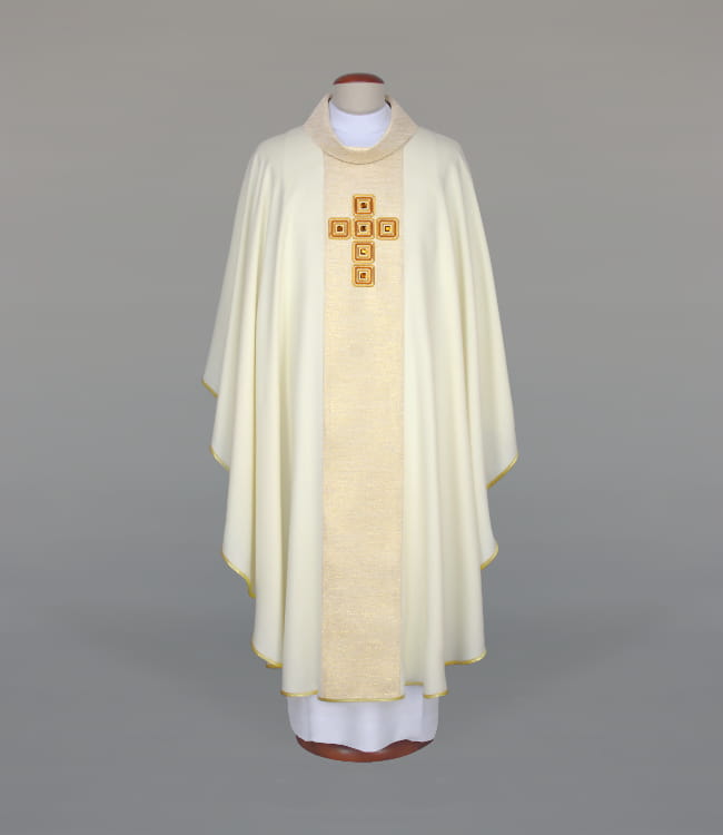 Ecru Chasuble with modern embroidery and decorative stones — front view