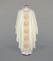 Ecru Chasuble with modern embroidery on a decorative band — front view