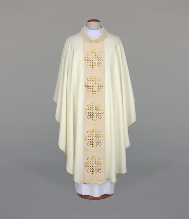 Ecru Chasuble with modern embroidery on a decorative band — front view