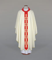 Ecru Chasuble with modern embroidery on a narrow loose band — front view